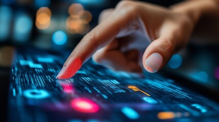 Woman finger touching futuristic interactive screen with fingerprint scanning technology