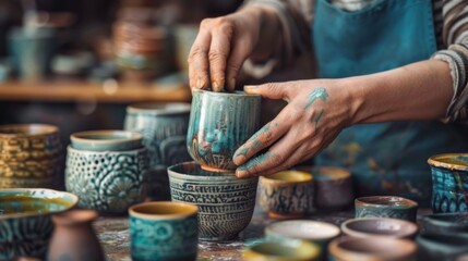 A person in a blue apron makes pottery at a table with various ceramic wares. The scene highlights artisanal craftsmanship and a warm, personal atmosphere.