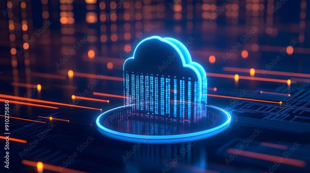 Poster digital cloud computing symbol with blue neon lights and data lines on a dark futuristic background,