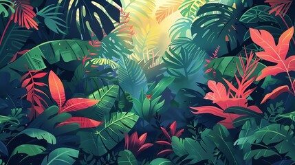 A vibrant jungle scene with lush greenery, vibrant leaves and sunrays filtering through the canopy.