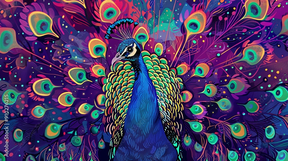 Poster a vibrant peacock with its feathers spread in a stunning display of color and pattern. the peacock's