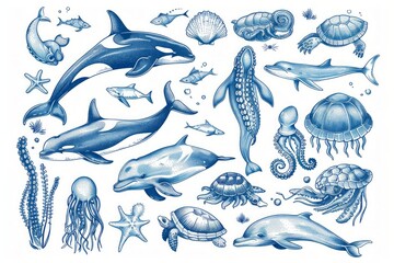 Blue sea creatures illustration. Big vector collection, isolated elements on a white background. Hand drawn illustration. Excellent for the design of invitations, cards, menu decoration