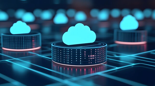 Digital cloud data storage and computing technology concept with futuristic glowing blue and black. High-tech cloud structure, secure server.