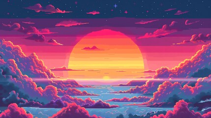 A vibrant sunset over a sea of clouds, painted in shades of pink, purple, and orange.