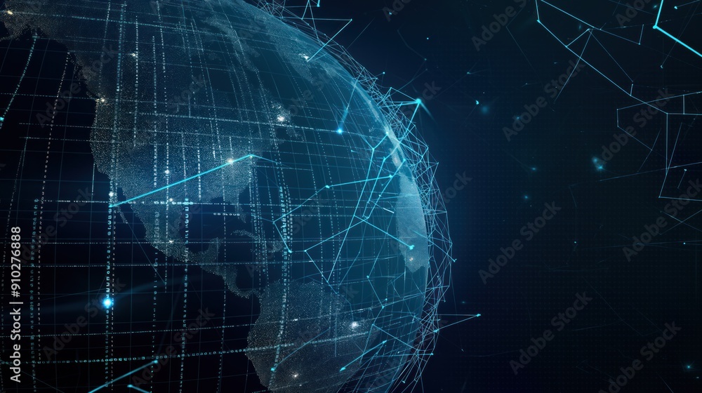 Poster digital data network concept with abstract background of interconnected nodes representing global cy