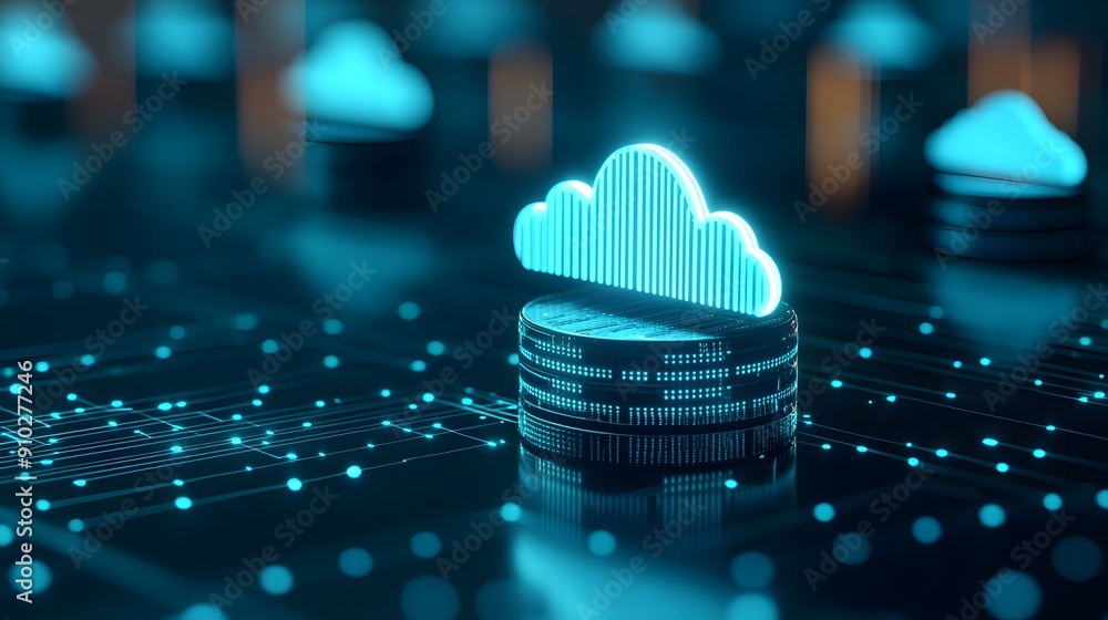 Poster digital cloud icon on stacked coins against a glowing networked background, representing financial t