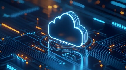 Digital cloud icon on futuristic circuit board, representing cloud computing and modern technology innovation in a digital era.