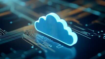 Digital cloud icon on motherboard representing cloud computing, technology, and digital data storage solutions in a futuristic design.