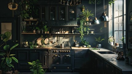 Elegant dark kitchens with luxurious decor, green plants, and cozy ambiance. AI generated image background
