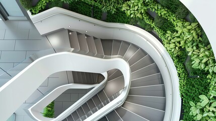 Modern, white spiral staircase with green plants growing around it. The image is taken from a low angle.
