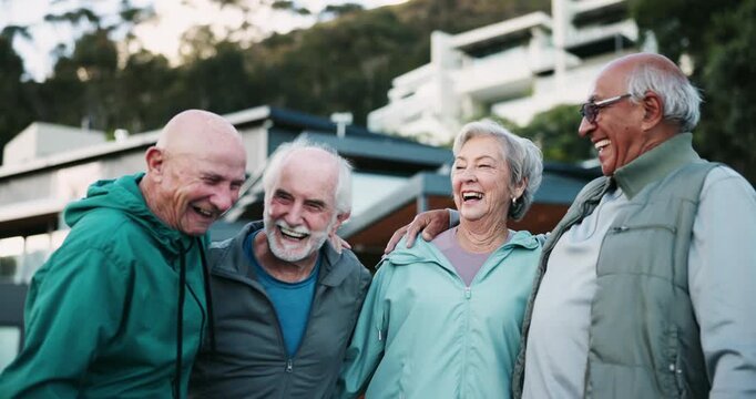 Senior, people or fitness with laughing outdoor for exercise break, retirement workout or bonding with funny story. Elderly, group or relax in neighborhood with conversation about health and wellness