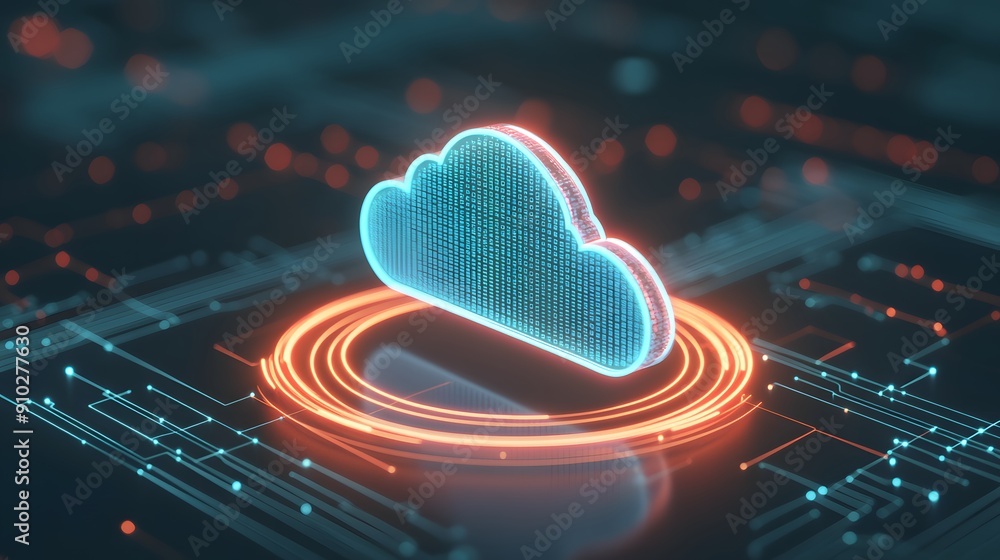 Poster digital cloud icon with glowing edges on futuristic circuit board. concept of cloud computing, data 