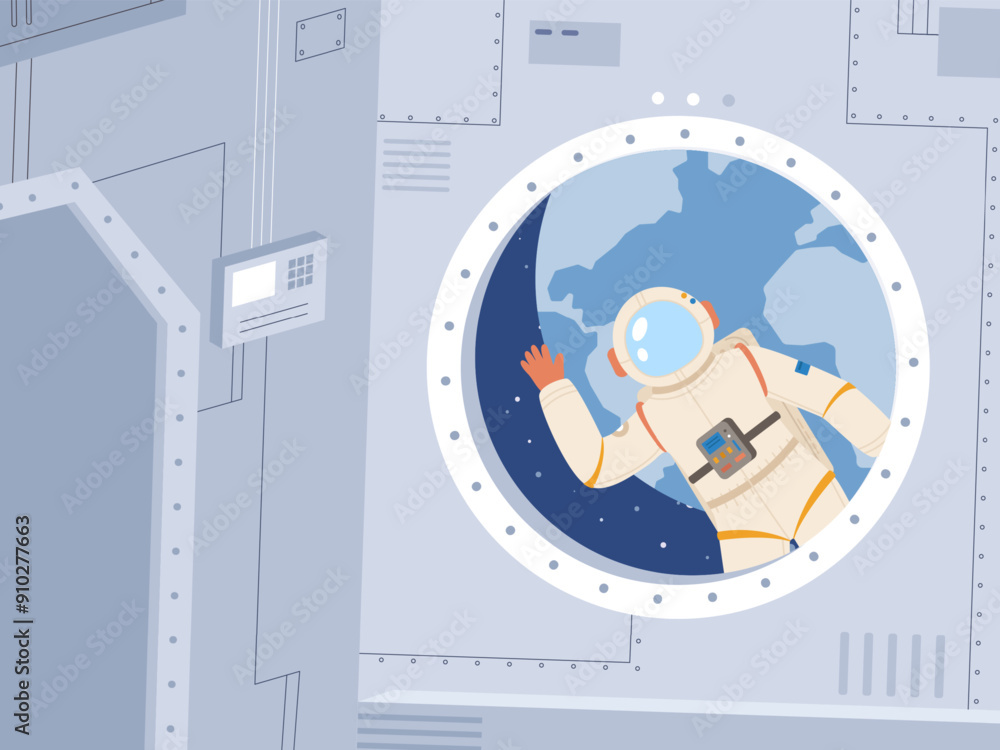 Aufkleber astronaut working in outer space and looking in spaceship. greeting from cosmonaut from universe, co