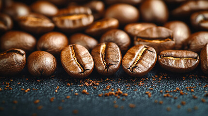 closeup view of aromatic freshly roasted coffee beans on a dark background with text space.