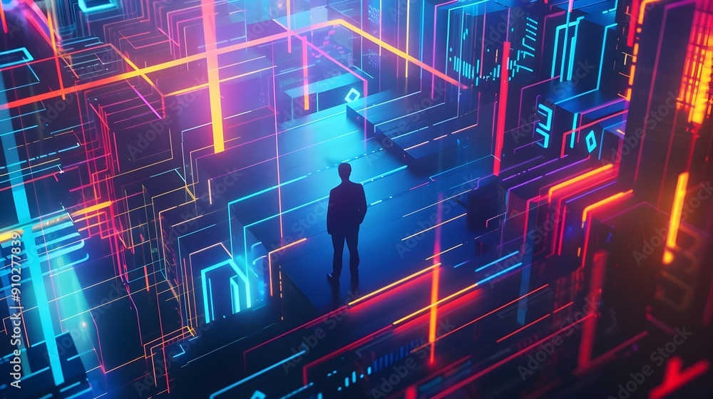 Aufkleber futuristic neon-lit cyberspace maze with luminous architecture and dynamic lines