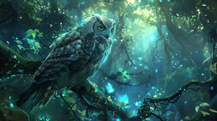 Fototapeta premium A wise owl perches on a branch in a mystical forest, surrounded by glowing blue butterflies.