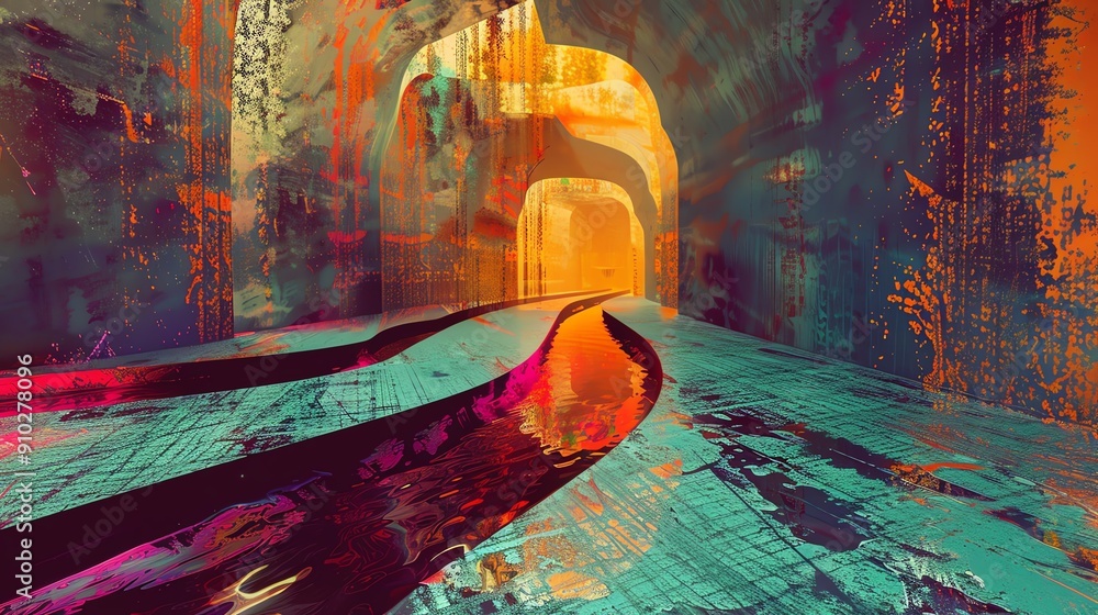 Poster abstract art with vibrant colors and swirling patterns. a mysterious doorway leading to a bright lig