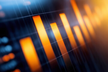 Abstract financial bar graph with orange lighting, depicting data analysis, market trends, business growth, and economic statistics.