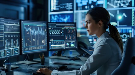 Female system engineer sits in front of computer screens displaying various data and controls operational proceedings. She supervises and monitors systems in a global corporate facility.