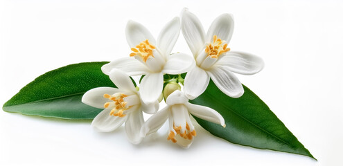 Obraz premium Orange tree flowers bunch closeup isolated on white. Neroli blossom. White citrus tree bloom
