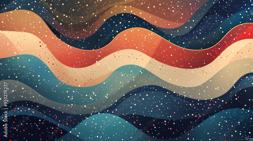 Poster abstract background with flowing wavy lines in vibrant colors and glittering dots.