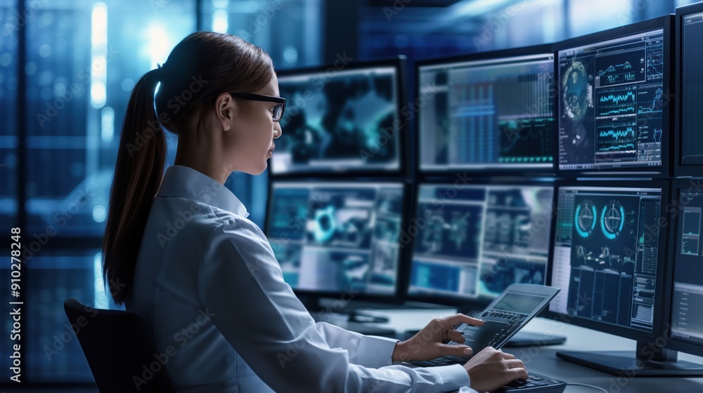 Poster female system engineer sits in front of multiple monitors displaying various information. focused on
