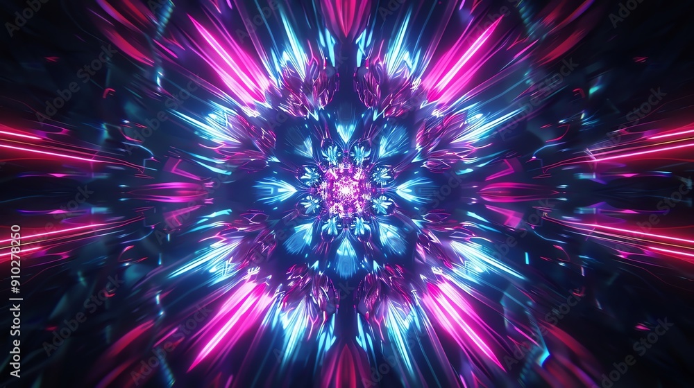 Poster abstract background with glowing blue and pink lights in a symmetrical pattern.