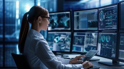 Female system engineer sits in front of multiple monitors displaying various information. Focused on work, controlling operational proceedings. Background shows large display screen with data, graphs.