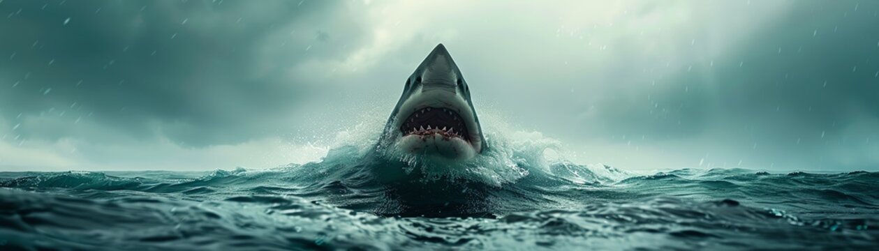 cinematic wide shot of a shark fin above water,50mm f18 lens, f56 aperture, ISO 100 and natural light, realistic textures