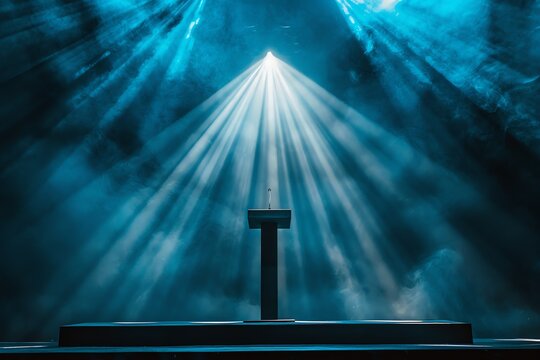 Speakers stand with celestial blue rays background, public speaking setting