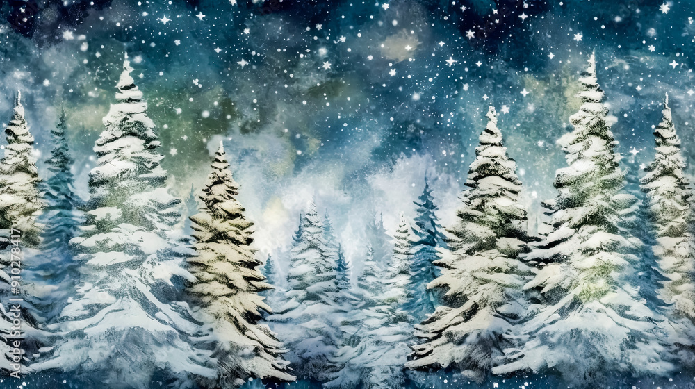 Poster a painting of a snowy forest with trees and a path.