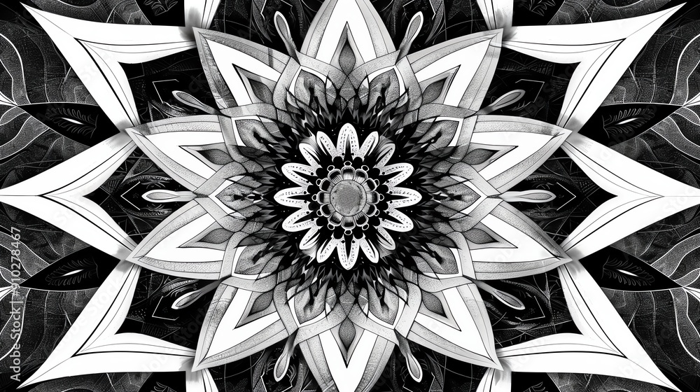 Poster abstract black and white geometric pattern with a starburst design. the image features intricate det