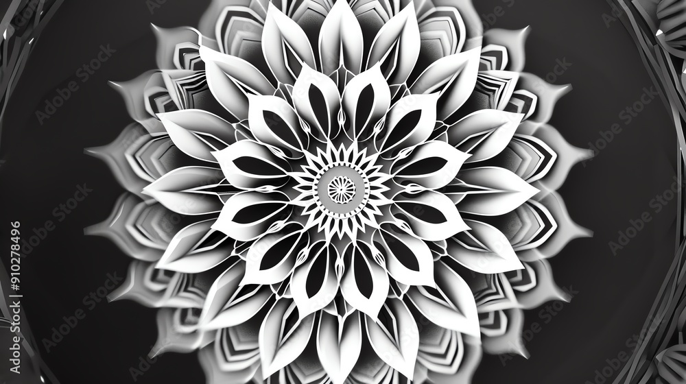 Poster abstract black and white mandala with intricate details and symmetrical patterns.