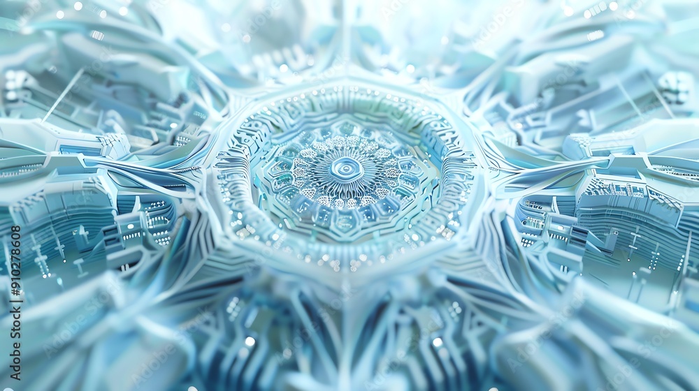 Poster abstract blue and white intricate design, resembling a futuristic snowflake or a complex machine par