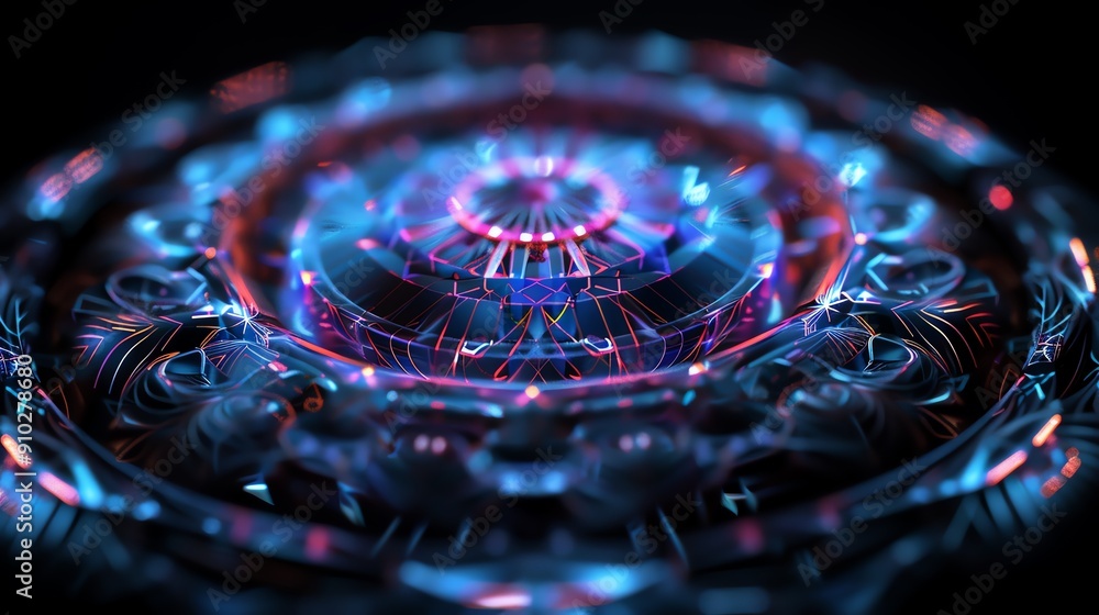 Poster abstract circular design with glowing blue and pink lights, creating a mesmerizing visual effect.
