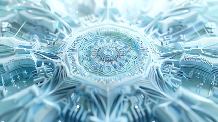 Abstract blue and white intricate design, resembling a futuristic snowflake or a complex machine part.