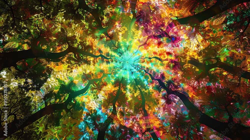 Poster abstract colorful forest canopy with vibrant hues and swirling patterns.