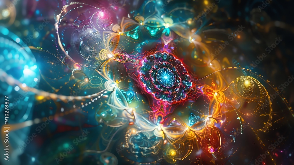Poster abstract colorful fractal art with glowing lights and swirling patterns.