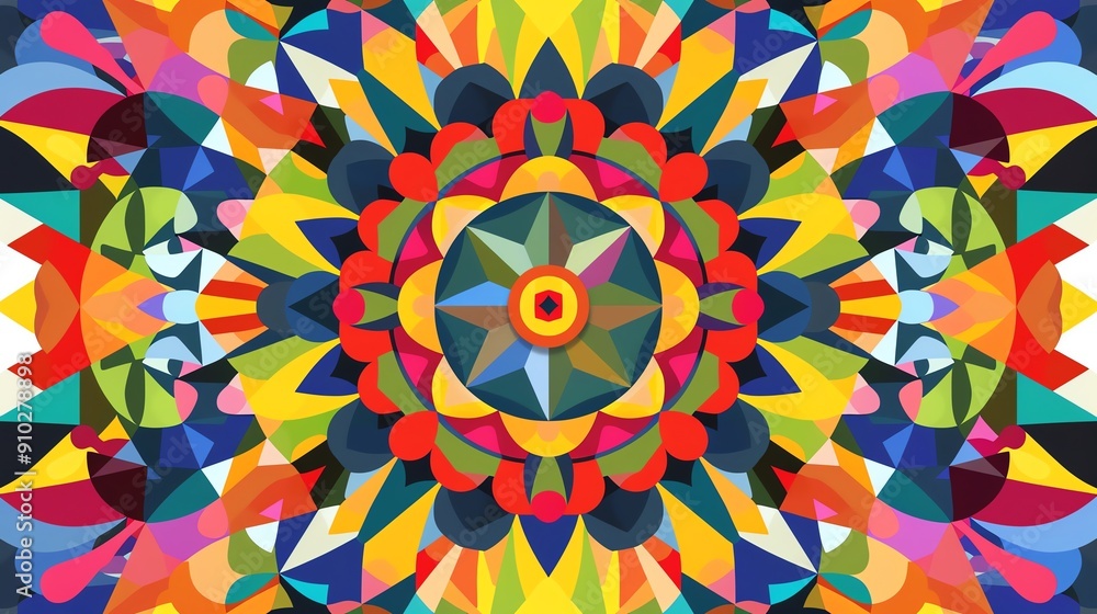 Poster abstract colorful geometric pattern with a central mandala design. vibrant colors and intricate shap