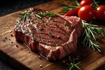 Cooked Steak with Rosemary on Wooden Board