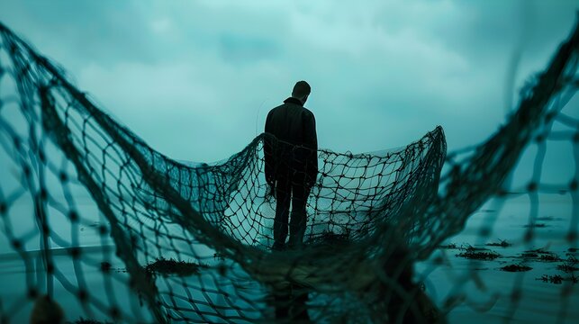 Silhouetted Man Caught in Ominous Financial Fraud Net Illustrating Business Crisis and Deception