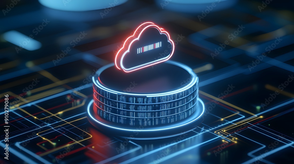 Poster digital cloud storage concept with glowing cloud icon and server stack symbolizing data management a