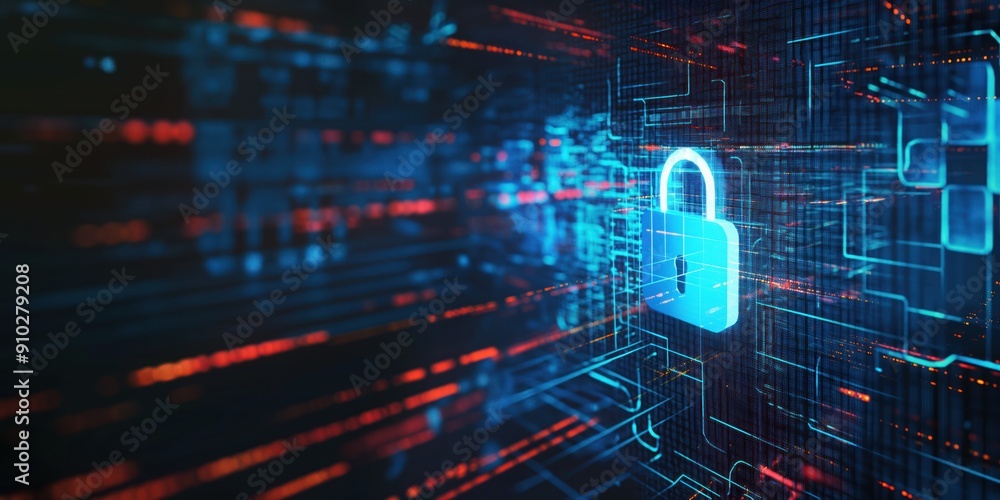 Poster secure data protection concept in digital cyberspace. padlock icon with keyhole symbolizes secure on