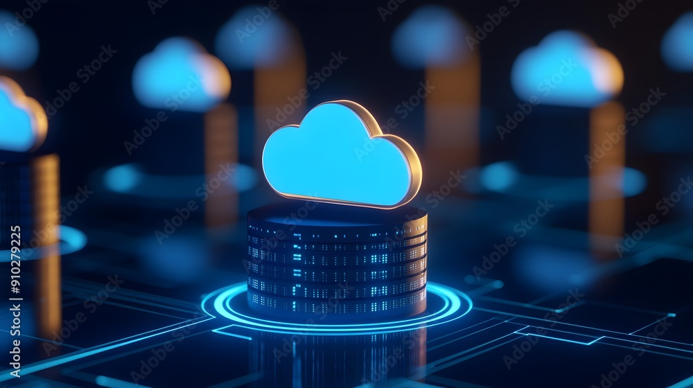 Poster digital cloud storage concept with glowing network connections, emphasizing data management and tech