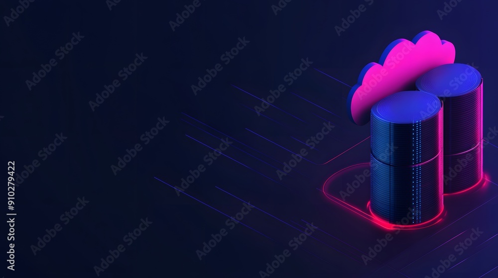 Poster digital cloud storage concept with neon data servers on dark background, representing modern cloud c
