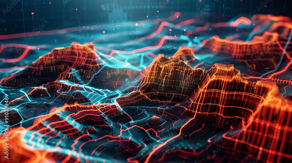 Poster abstract digital landscape with glowing lines in blue and orange, creating a futuristic and dynamic 