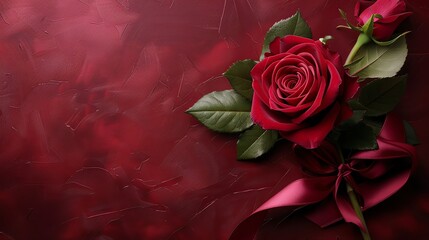 Classic rose arrangement and velvet ribbon on a deep crimson background, condolence card with an elegant design and space for heartfelt condolences