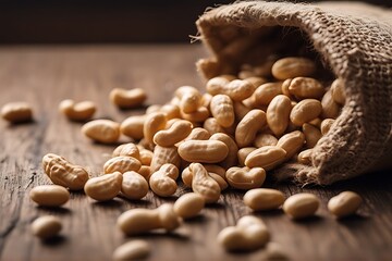 bag burlap surface wooden peanuts miniature