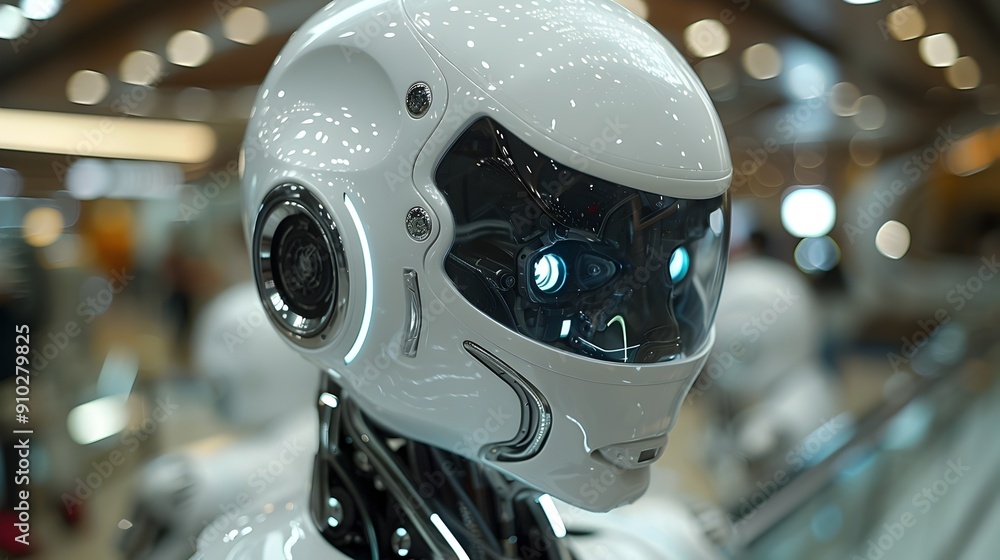 Poster futuristic robotic cyborg head with advanced digital sensors and interface