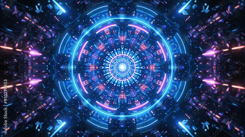 Poster abstract futuristic glowing neon light tunnel with circular patterns and vibrant colors.